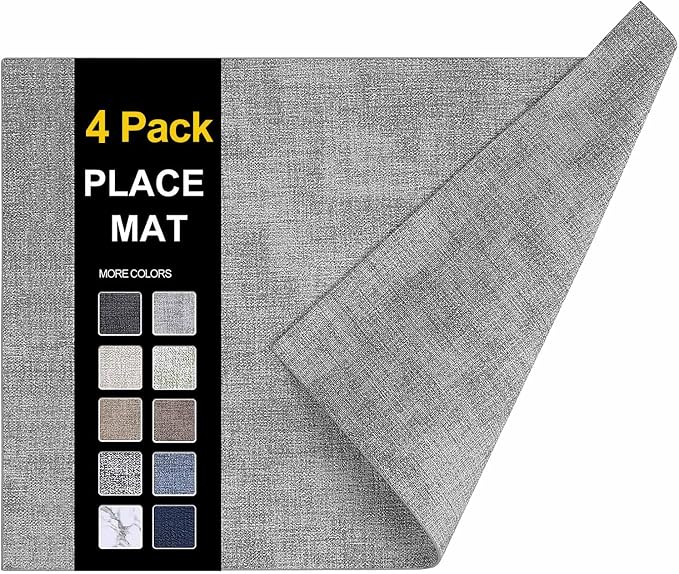 Faux Leather Heat Resistant Placemats 4 Packs, Waterproof Wipeable Dining PU Place Mats for Indoor & Outdoor, Easy to Clean, Light Grey