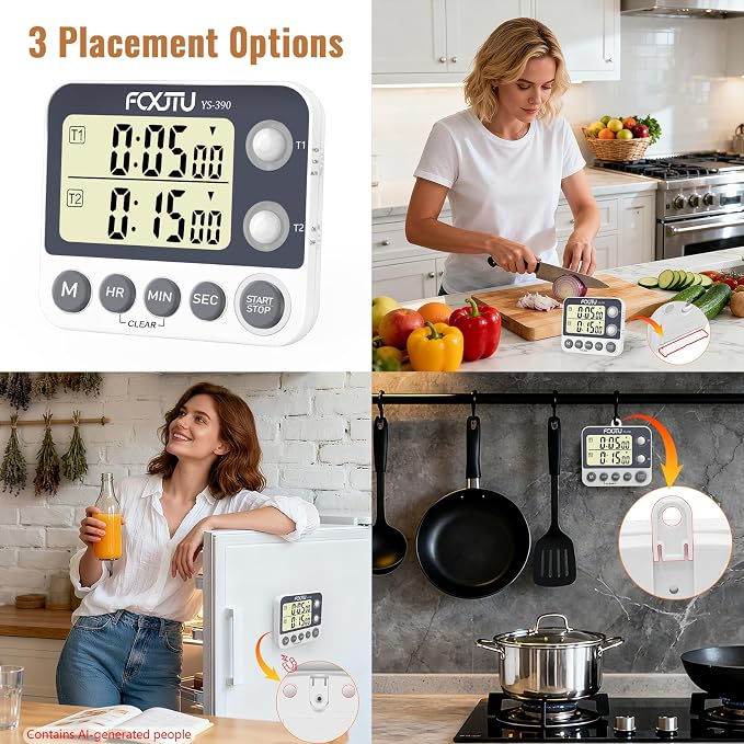 Digital Dual Kitchen Timer, 2Groups Count Up/Down Timer for Cooking | Large Display, Magnetic Back, Memory Presets, Loud Alarm, LED Alert, Stand, On/Off, 100Hr Max, 3A Battery Included