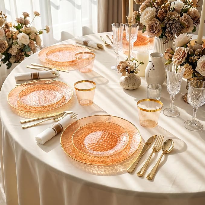 Rubtlamp 700Pcs Orange Gold Plastic Dinnerware Set, Hammered Clear Gold Plates, Fancy Plastic Plates Include 100 Dinner Platos, 100 Salad Platos, 100 Cups, 100 Pack Pre Rolled gold plastic Silverware