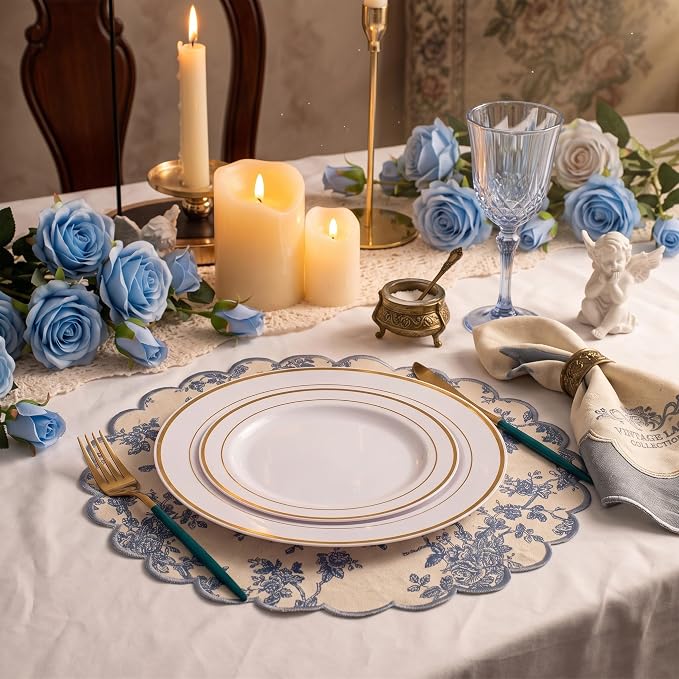 Set of 6 Blue Cotton Placemats 15" Round Scalloped Navy Blue | Double Layered Cotton Fabric, Washable Embroidery, Navy Blue Edge Edge, Rustic Table Mats for Wedding Dining Table Decor