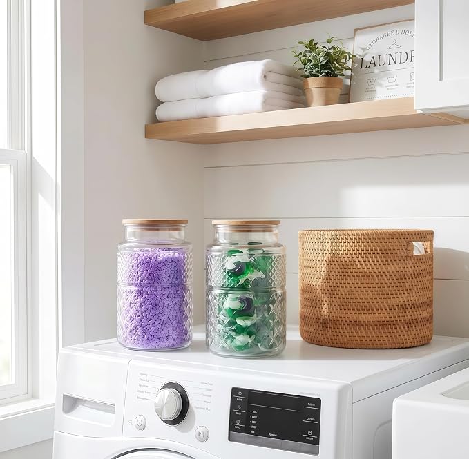 Large Glass Storage Jar, 60 FL OZ Glass Food Storage Containers with Bamboo Lid, Kitchen Laundry Room Organization Jar for Cookies Coffee Flour Sugar Laundry Pods Detergent Airtight Glass Jars | Kitchen Pantry Thick Glass Container for Flour Sugar Cook...