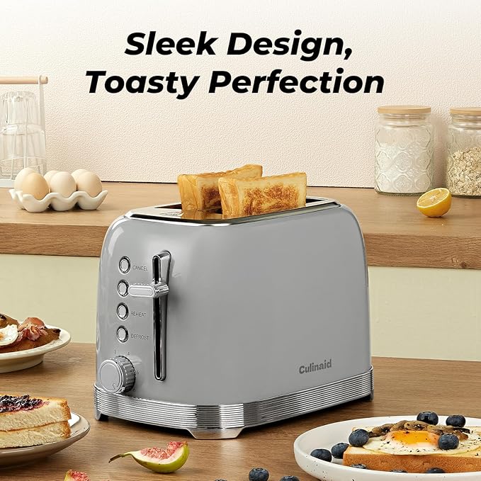 Toaster 2 Slice Retro Stainless Steel, Gray | 1.5” Extra Wide Slots with Bagel, Defrost, Reheat, Cancel Functions, 6 Bread Shade Settings, Removable Crumb Tray