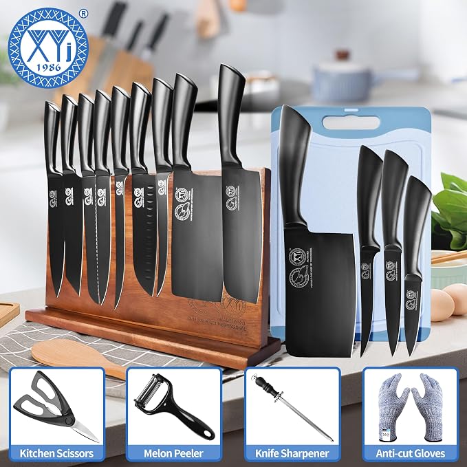 XYJ Professional Knife Sets for Master Chefs, Knife Block Set | Meat Cleaver Butcher for Camping,Chef Knife Set with Magnetic Knife Block,Stainless Steel Kitchen Knives Tools Kit