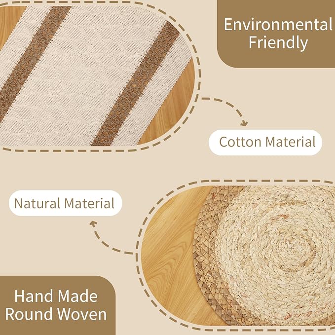 Handmade Boho Placemats Set of 6 | Natural Woven & Fabric Cotton Combo Table Mats | 12-Piece Versatile Place Mats | Rustic Farmhouse Style Dining Table Decor