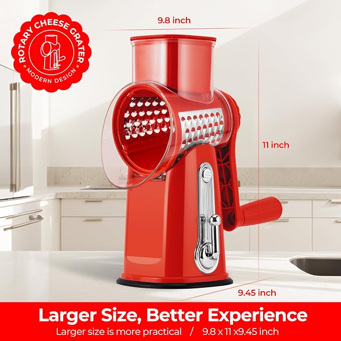 SUSTEAS Rotary Cheese Grater 5 Blades,Kitchen Mandoline Vegetable Slicer | Red, Easy to Clean, Strong Suction Base, 5 Blades Storage Box, Round Mandoline Slicer & Food Chopper for Salad