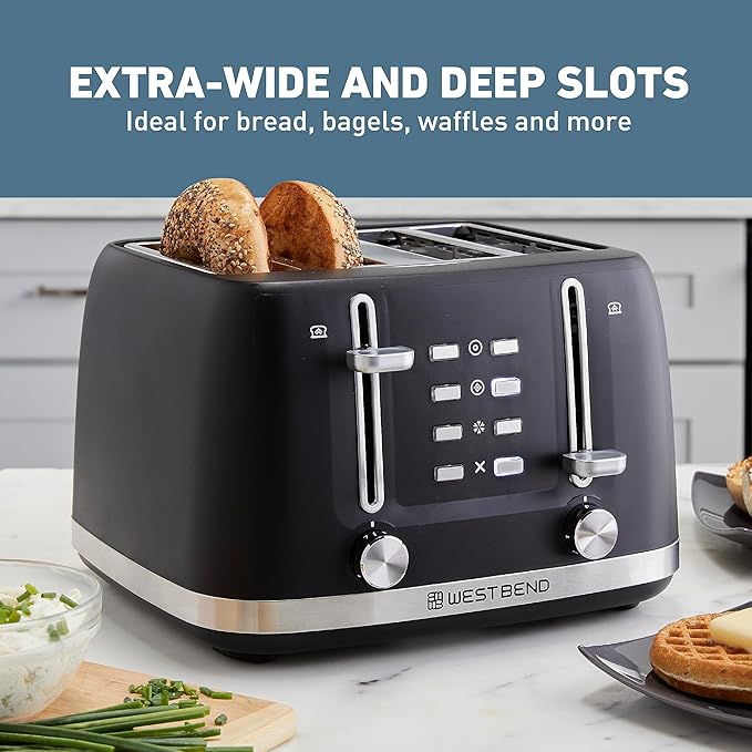 West Bend Toaster 4-Slice Extra-Wide and Deep Slots with 3 Functions and 7 Shade Settings Manual Toast Lift Lever Auto Shut-Off and Removable Crumb Tray, 1500-Watts, Black