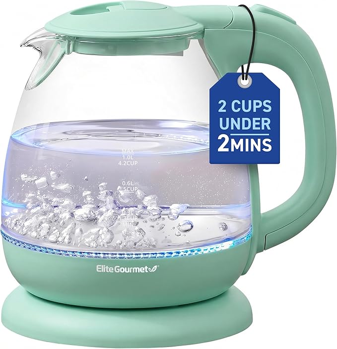Elite Gourmet 1L Glass Electric Water Kettle, BPA-Free Fast Boil, Mint | Auto Shut-Off, Boil-Dry Protection, 360° Swivel Base Cordless Serving, Clear-View Water Level Markings