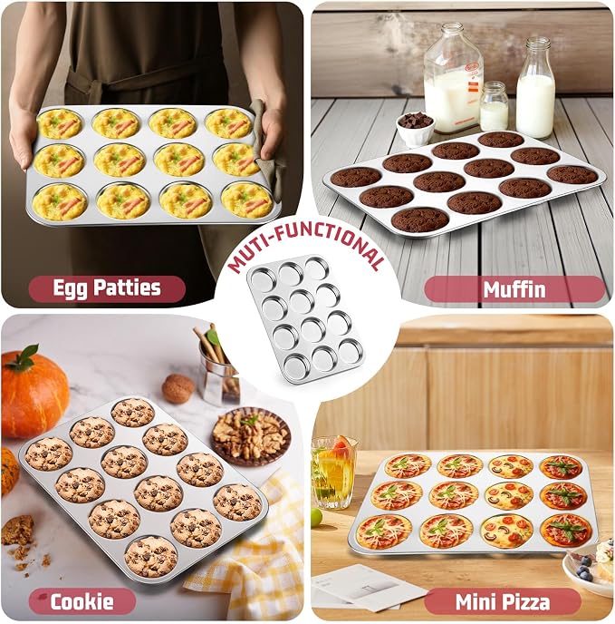 E-far 12-Cavity Muffin Top Pan, Stainless Steel Shallow Cupcake Pan for Yorkshire Pudding, Eggs, Whoopie Pie, Cornbread, Non-toxic & Dishwasher Safe