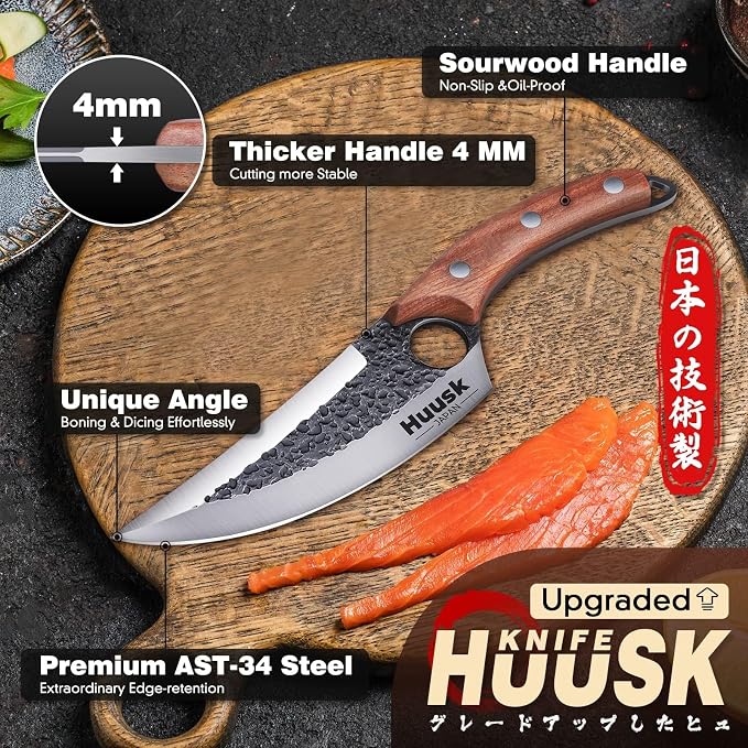 Huusk Viking Knife with Leather Sheath, Hand Forged Chef Butcher Knives | Razor-sharp Japanese Carbon Steel Meat Cutting Knife with Wood Handle for BBQ, Camping & Kitchen, Cool Gifts for Men & Dad