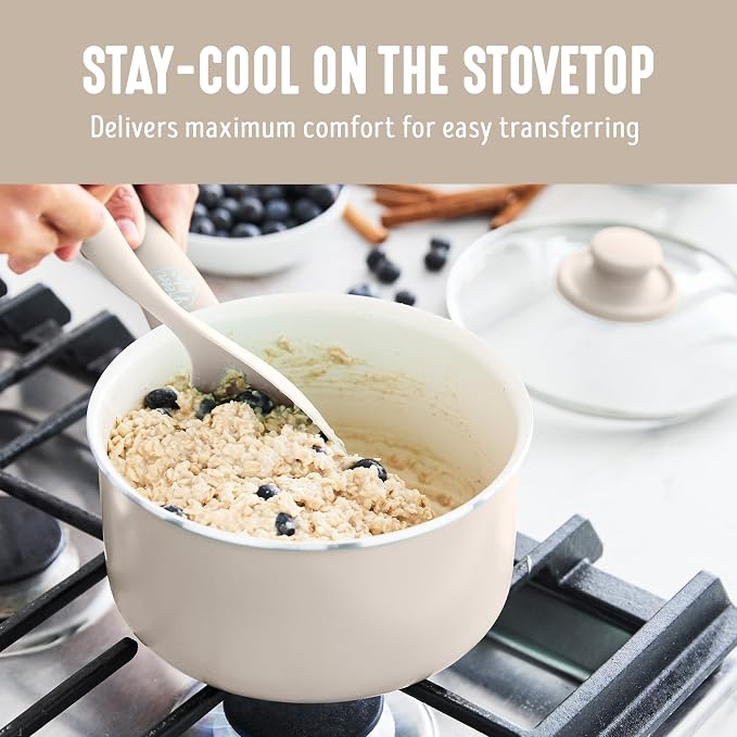 GreenLife 2.5QT Ceramic Nonstick Saucepan with Glass Lid, Taupe | PFAS-Free Nonstick Coating, Multipurpose Cooking Pot, Milk Pan, Soup Pot, Stay-Cool Handle, Dishwasher & Oven Safe up to 350F