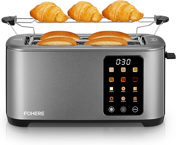 4 Slice Toaster Touch Screen Control, Long Extra Wide Slots Smart Bread Toaster, 6 Bread Types & 6 Shade Settings, Stainless Steel, with Removable Tray, Cancel/Defrost/Reheat Function, Grey