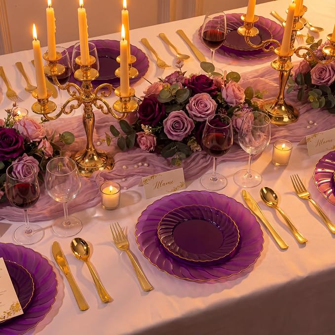YOUBET 125PCS Clear Purple Plastic Plates with Gold Rim for Wedding | Clear Purple Disposable Plates Include 25 Dinner Plates 25 Dessert Plates 75 Gold Silverwares for Birthday Parties