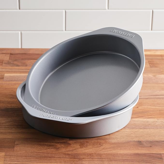 Farberware Golden Bake Nonstick Round Cake Pan Set, 2-Piece | Insulated Non Stick Round Cake Pan Set, Oven Safe to 450°F, Easy Release, Dishwasher Safe, in Gray