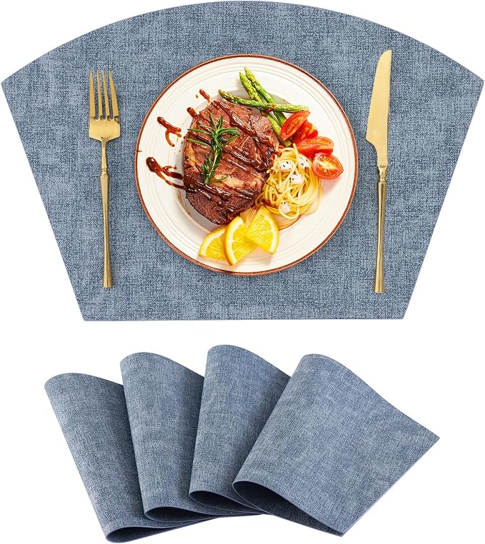 Homaxy Wedge Faux Leather Placemats for Round Table, Set of 4, Blue | Waterproof Wipeable Washable Table Mats, Easy to Clean Anti-Slip Place Mats, 11.8" x 17"