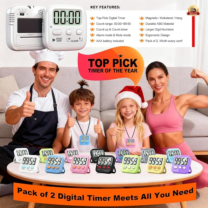 2 Pack Digital Timer for Kids Classroom Kitchen Timers for Cooking | w/ Battery, Easy to View, Alarm, Mute Mode, Count Down/Up, Magnetic, Kickstand, Hanging, Classroom Timer for Teacher Supplies