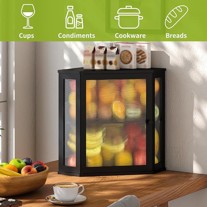 BMOSU Corner Bread Box for Kitchen Countertop Double Layer Bamboo Wooden Bread box Large Capacity Bread Storage Bin(Black, Extra Large)