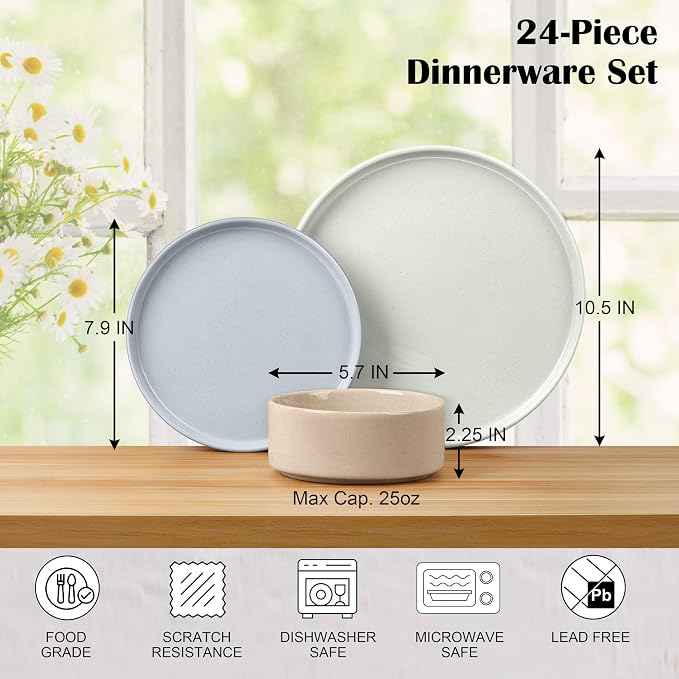 E-far Dinnerware Sets for 8, 24-Piece Stoneware Plates and Bowls Sets | Modern Kitchen Dining Dishware, Chip and Scratch Resistant, Microwave & Dishwasher Safe, Speckled Multicolor
