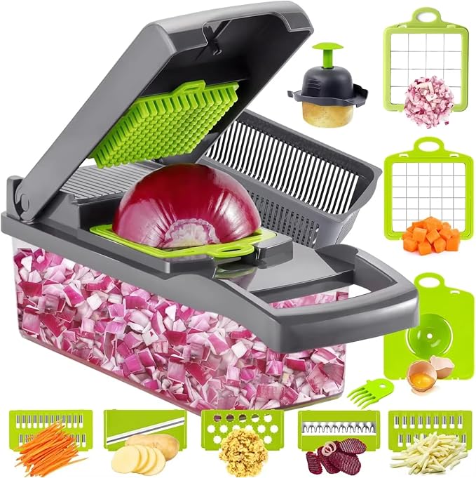 Vegetable Chopper, 16-in-1 Food Slicer, Onion Chopper, Mandoline Vegetable Slicer, Cutter, Spiralizer, 8 Stainless Steel Blades, Includes a Food Storage for Kitchen
