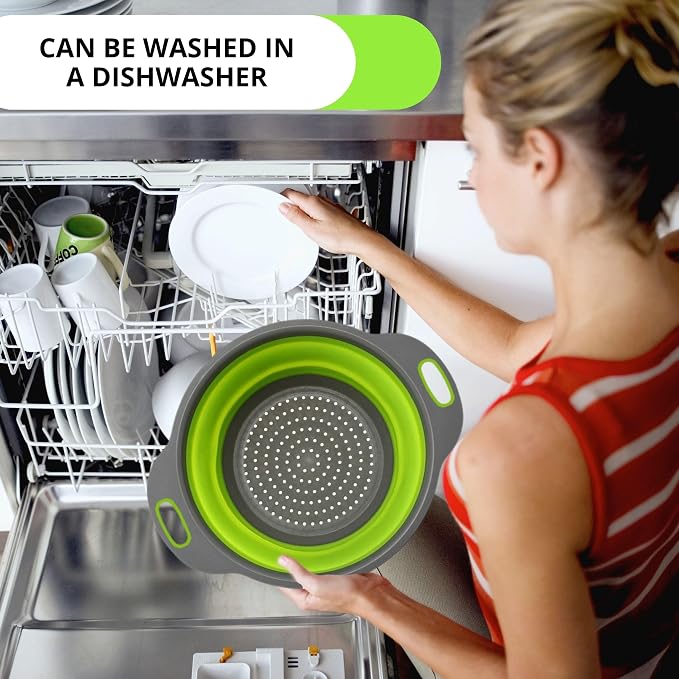 Green Kitchen Strainer Colander Set - 2 PCS Multifunctional Colander Silicone Food Strainers for Kitchen for Pasta and Spaghetti Collapsible with Plastic Handles