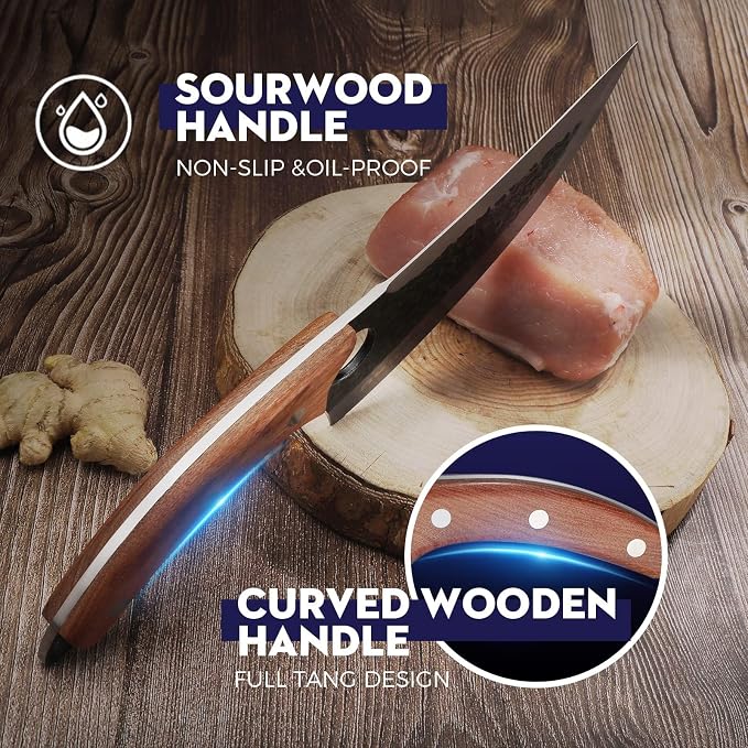 Huusk Viking Knife with Leather Sheath, Hand Forged Butcher Chef Knives | Razor-sharp Japanese Carbon Steel Meat Cutting Knife with Wood Handle for BBQ, Camping & Kitchen, Cool Gifts for Men & Dad