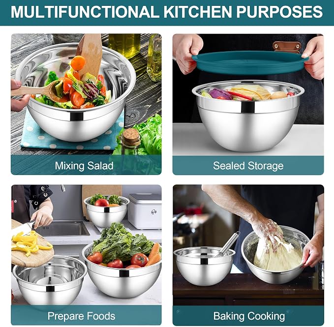 LIANYU 6 PCS Stainless Steel Mixing Bowl, Large 7, 3.5, 2.5, 2, 1.5, 1 QT | Metal Bowls Set, Kitchen Nesting Bowls for Salad Cooking Prepping Food Storage, Dishwasher & Freezer Safe, Blue