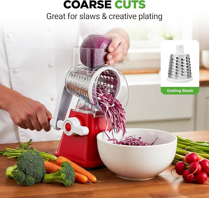 Nutrichef 3 in 1 Cheese Grater & Shredder | Strong Suction Base, Rotary Handle with Safety Lock | Includes Hand Crank & 3 Drum Blades for 3 Textures, Fine, Medium & Strips | Red