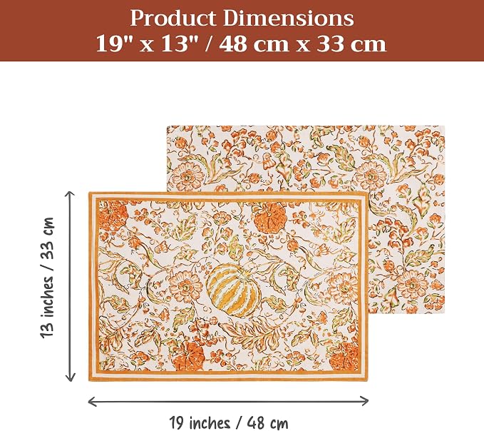 Maison d' Hermine Placemats Set of 4 Reusable 100% Cotton (13"x19") | Cloth Place Mats Washable Table Mats for Kitchen Dining Party Wedding Hotel Home Thanksgiving Christmas - Pumpkin Spice