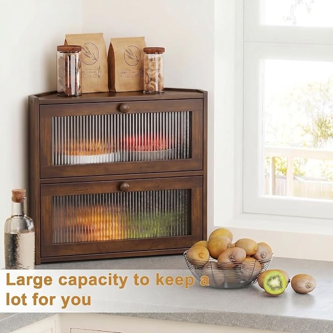 BAMBANG Corner Bread Box for Kitchen Countertop, Double Layer Bamboo Bread Storage Container with Wavy Windows, Farmhouse Large Bread Bin, Wooden Breadbox Holder for Homemade Bread (Brown)