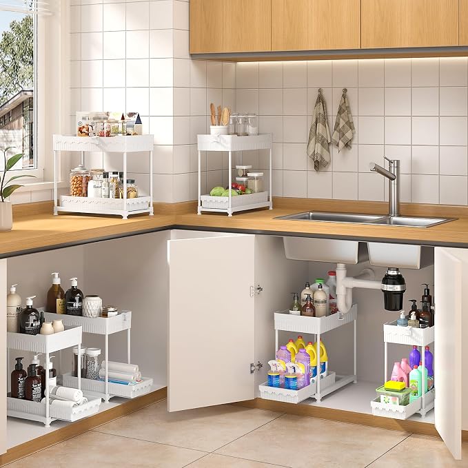 4-Pack 2-Tier Under Sink Organizer with Pull Out Drawers | Multi-use kitchen & bathroom storage. Includes hanging hooks and cups. White, space-saving cabinet design. 14.8 Inch