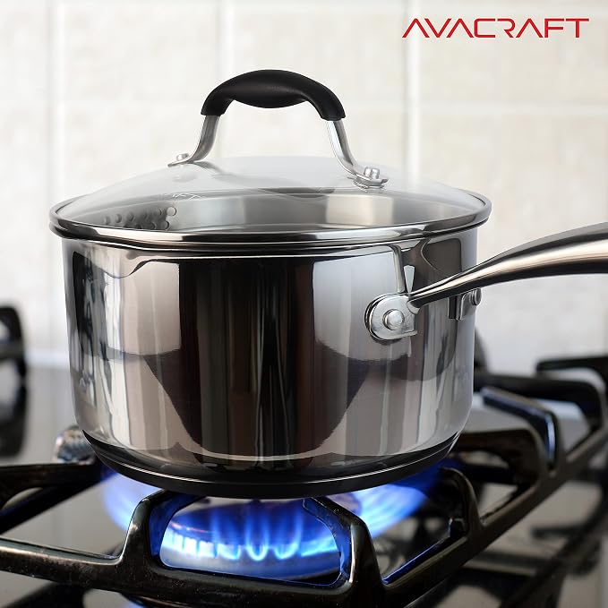 AVACRAFT 3.5 Quart Stainless Steel Saucepan with Glass Strainer Lid | 18/10 Stainless Steel, 5-Ply Capsule Base, Dual Pour Spouts, Induction Compatible, Ergonomic Handle, Dishwasher Safe