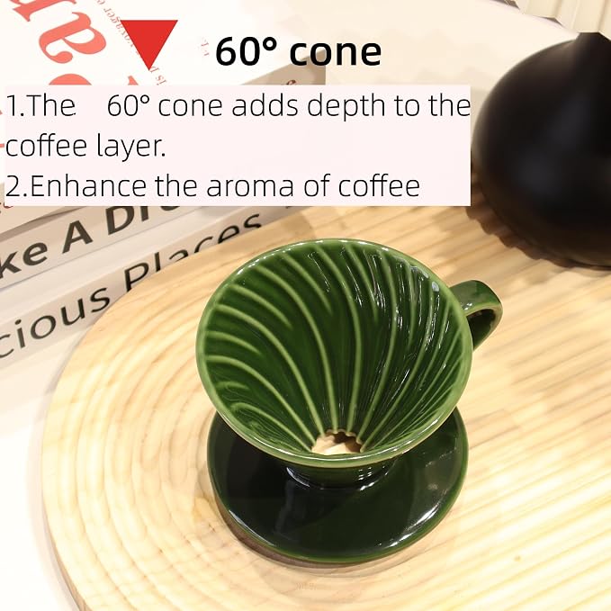 Ceramic Pour Over Coffee Dripper includes 50 Filters Porcelain Coffee Maker 01 Hand Drew Brewing Pottery Green Portable Artisanal Manual Gift for 1-2 People Home, Office, School, Camping