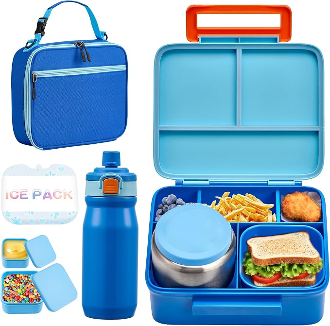 Bento Lunch Box for Kids with 8oz Soup Thermo, Leak-proof Lunch Food Containers with 5 Compartment, Insulated Lunch Bag & 17oz Stainless Steel Water Bottle for School, Trvael