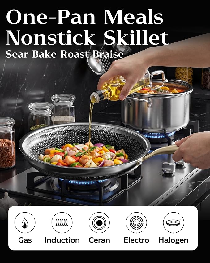 Nonstick Frying Pan Set with 3 Lids, 8+10+12 Inch, Honeycomb Stainless Steel Skillet Pans Set, PFOA-Free Scratch-Proof, Dishwasher & Oven Safe, Compatible with All Cooktops