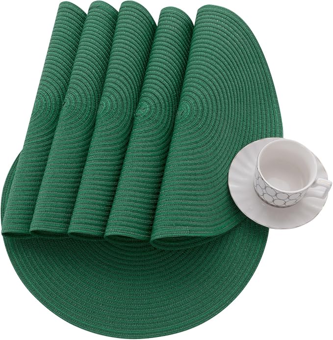 SHACOS Dark Green Round Placemats Set of 6 Cotton Polyester Braided 15 inch Washable Kitchen Dining Table Place Mats Christmas Table Mats for Home Wedding Party Decor