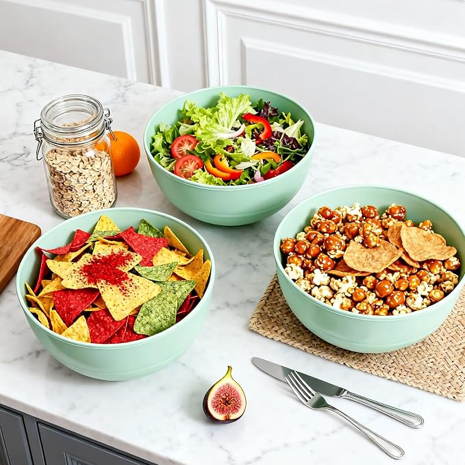 Greentainer 3 Pack Large Plastic Bowls, 135oz Plastic Salad Bowls - Reusable Serving Bowls for Party, Picnic, Entertaining, Kitchen & Outdoor, Microwave & Dishwasher Safe (Green)