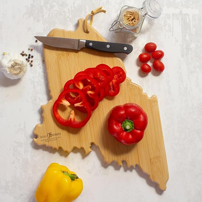 Totally Bamboo Maine State State Shaped Cutting Board, Art by Fish Kiss | State charcuterie board with colorful hand-drawn map artwork. Smooth reverse side for food prep. Hang tie for wall display.