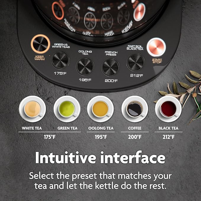 Viante Alba Electric Tea Kettle With Infuser, No Plastic, 1.5L, Black | Borosilicate glass & 304 stainless steel construction. 4 temp presets, keep-warm, cordless, auto shut-off