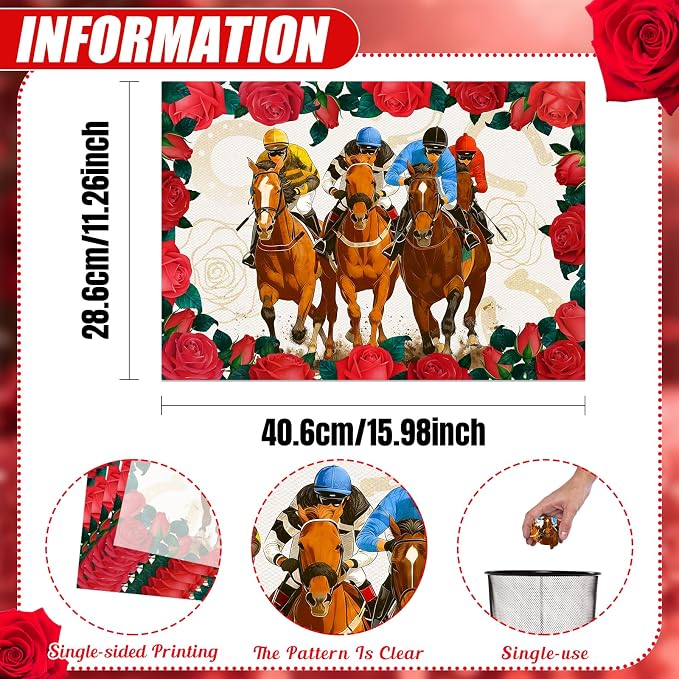 50 Pack Kentucky Horse Disposable Paper Placemats, 11x16 Inches Table Mats | Horse Racing Rose Floral Table Mats, Race Day Party Decorations, Horse Race Themed Party Supplies