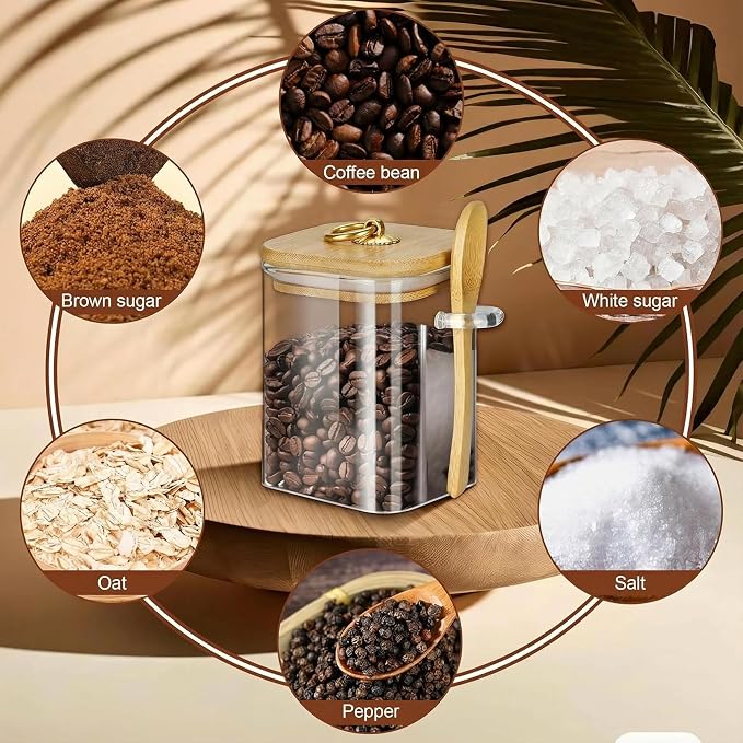 Glass Jars with Bamboo Lids and Spoons, 16 oz Glass Storage Containers | Dry Food Storage Sugar, Coffee, Nuts, Cookie, Candy, Tea, Airtight Kitchen Canisters Spice Jars