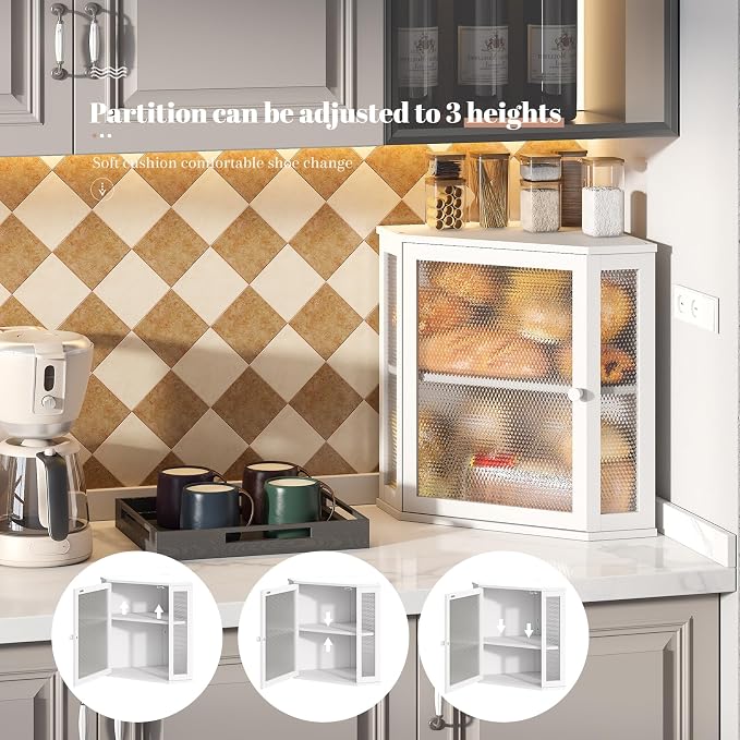 STDDRE Corner Bread Box Kitchen Countertop Extra Large Capacity Farmhouse Bread Box, Corner Countertop Storage, Double Layer Bread Holder (White, Extra Large)