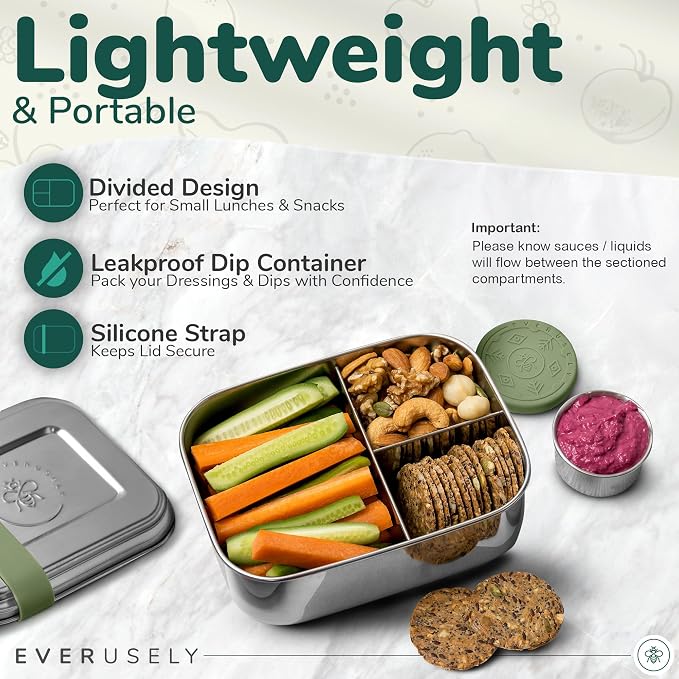 Stainless Steel Bento Box + Condiment Container - Sage, 27oz / 0.8 L | Everusely metal lunch box, leakproof sauce container, 3 compartment snack organizer for travel, freezer & dishwasher safe