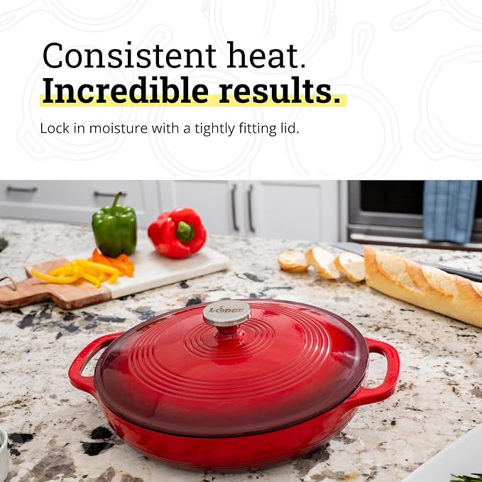 Lodge Essential Enamel Braiser 3.5 Quart - Refrigerator- & Oven-Safe up to 500° F - Heat-Retaining, Induction-Safe & PFAS-Free Enamel Cookware - Island Spice Red