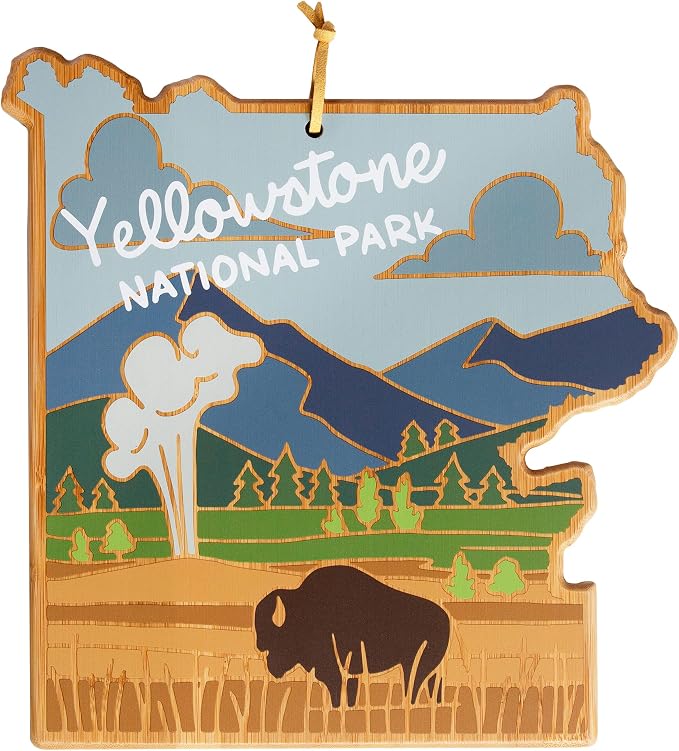 Totally Bamboo Yellowstone National Park Cutting Board, Summer Stokes Art | Yellowstone charcuterie board with colorful hand-drawn landscape art. Reverse side for food prep. Hang tie for wall display.