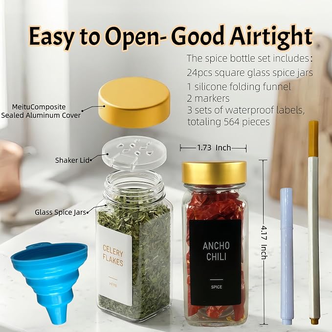 24 Pack Spice Jars with Labels - 4oz Square Glass Seasoning Containers with Shaker Lids & Airtight Metal and Plastic Caps - Complete Spice Organizer Set for Cabinet, Drawer & Rack (24)