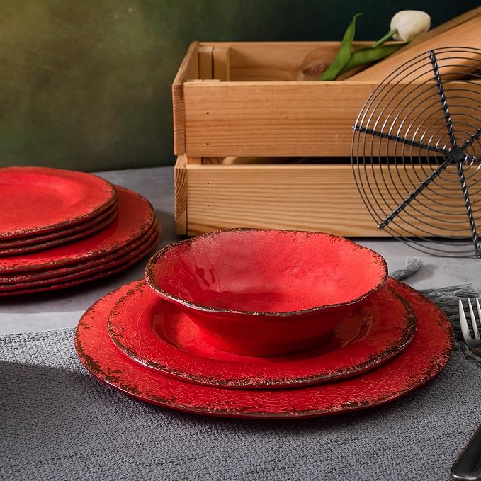 LEHAHA Farmhouse Plates and bowls set, 12 Piece Christmas Melamine Dinnerware Sets for 4,Lightweight and Unbreakable Dishes Set,Perfect for Indoor and Outdoor and Picnic use. Red