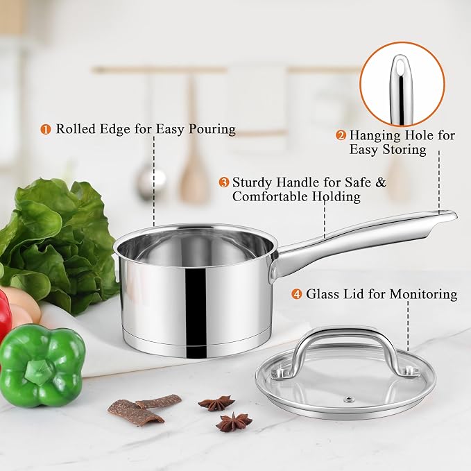 LIANYU Stainless Steel Saucepan with Lid, 1 Quart Small Sauce Pan | Tri-Ply Bottom, Multipurpose Cooking Pot, Straight Side, Dishwasher Safe, Compatible with All Cooktops