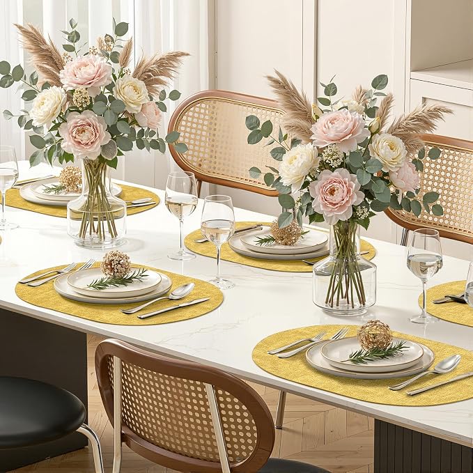 Placemats Set of 4, 11.8 x 17 Inch, Yellow | Heat Resistant Oval Faux Leather Place Mats, Waterproof Wipeable Reversible PU Placemat, Indoor & Outdoor