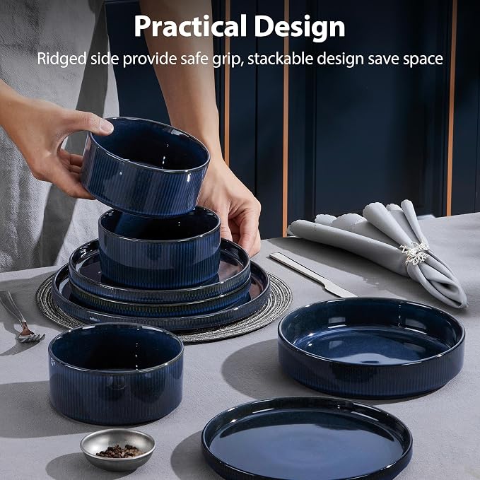 LIANYU Dinnerware Sets with Pasta Bowls, 8 Piece Ribbed Plates and Bowls for 2, Modern Ceramic Stoneware Dishes for Kitchen Dining, Microwave and Dishwasher Safe, Twilight Blue