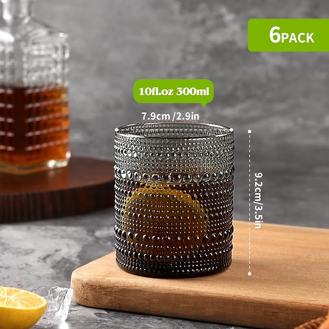 Moretoes 10oz Gray Hobnail Drinking Glasses Set of 6 Cocktail Glasses | Vintage Old Fashion Glassware, Textured Glass Cups Bubble Glasses Water Glasses Jupiter Glasses Set
