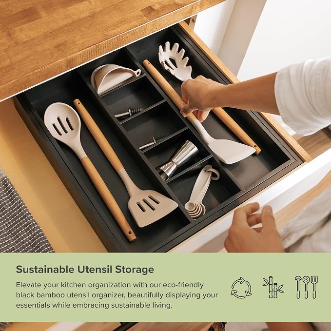 Utensil & Junk Drawer Organizer, 16-28 in, Black Bamboo | Food-safe contract grade, 100% sustainable wood, non-slip, adjustable